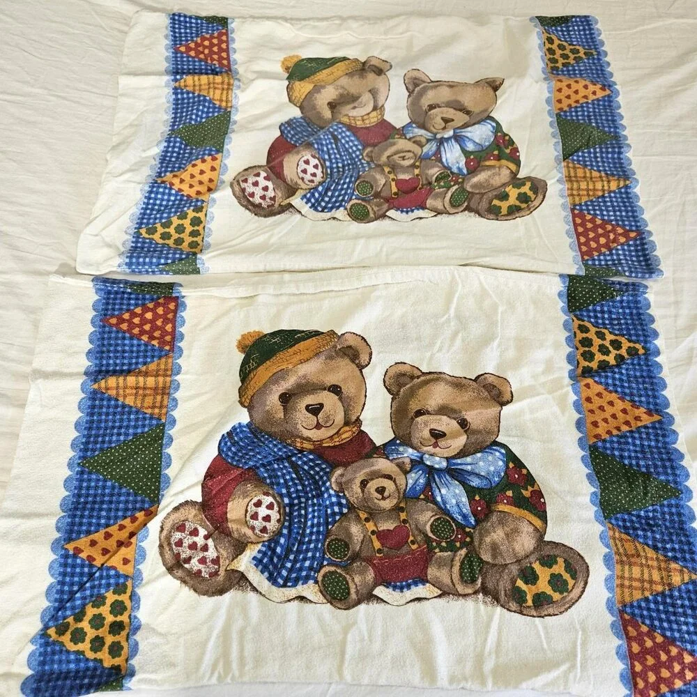 Vintage Teddy Bear Patchwork Standard Pillowcases Set 2 Cotton Country Animal